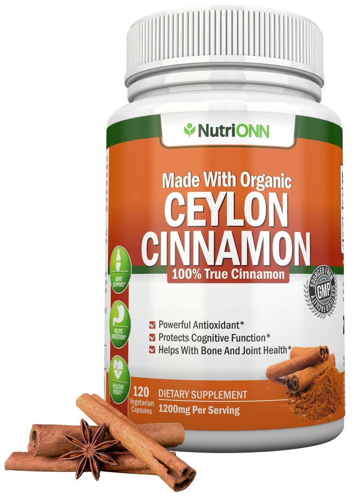 Organic Ceylon Cinnamon 1200 mg | 120 capsule vegane | Verum True Cinnamomum da Sri Lanka | Non-GMO, Laboratorio di terze parti testato, Coumarin basso, certificato GMP
