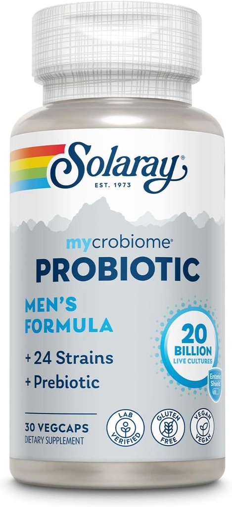 SOLARAY Mycrobiome Probiotic Men’s Formula, Probiotici per gli uomini, Gut Health, Digestione, Funzione Immune & More, 20 miliardi CFU Mens Probiotic, 24 Strains Plus Prebiotic, 30 Serve, 30 VegCaps