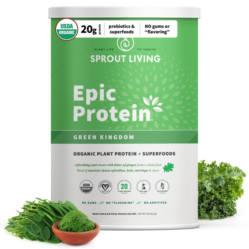 Sprout Living Epic Protein, Plant Based Protein & Superfoods Powder, Green Kingdom | 20 Grams Organic Protein Powder, Greens, Vegan, Non Dairy, Non OGM, Gluten Free, Low Sugar (2 Pound, 24 Servings)