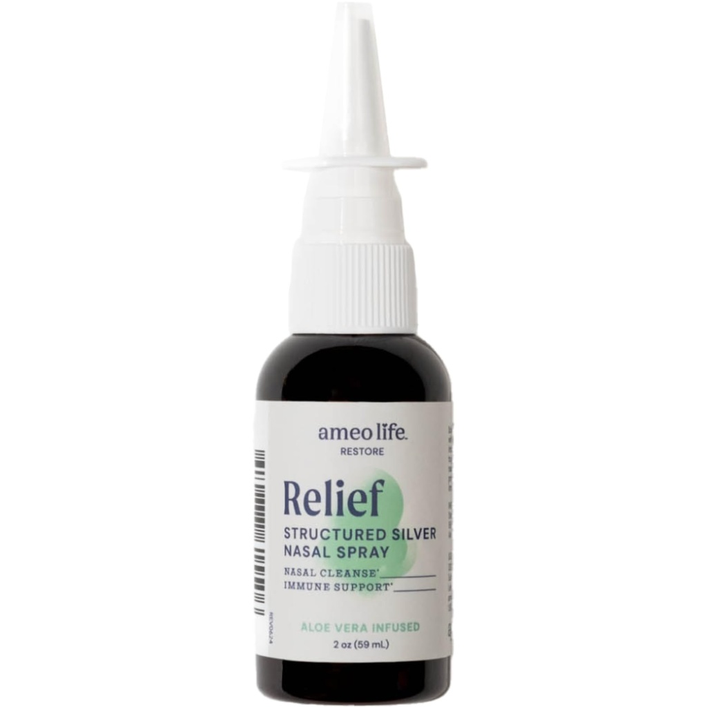 Ameo Life Aloe-Infuse Colloidal Silver Nasal Spray 24 PPM - Nose Spray con Ingredienti Naturali per Rilievo Di Rilievo Di Congestione Nasale, Sinus Congestion, Mucus, & Irritazione - per uso quotidiano (2 oz)