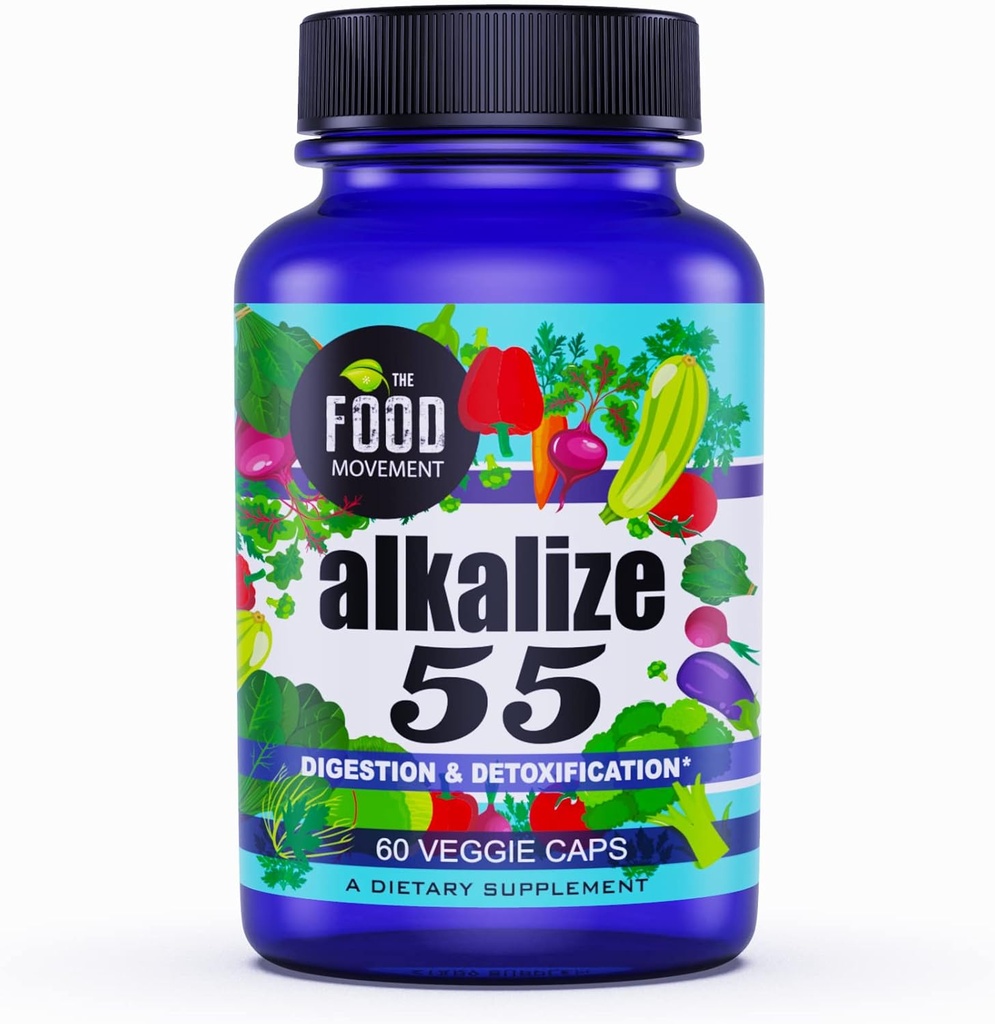 Il Movimento Alimentare - Alkalize 55, 55 Alimenti Fermentati con la Terra Nera Humic Fulvic Trace Minerals, Electrolytes, pH Balance, Immune Boosting, Vegan - 60 Tappi Veggie