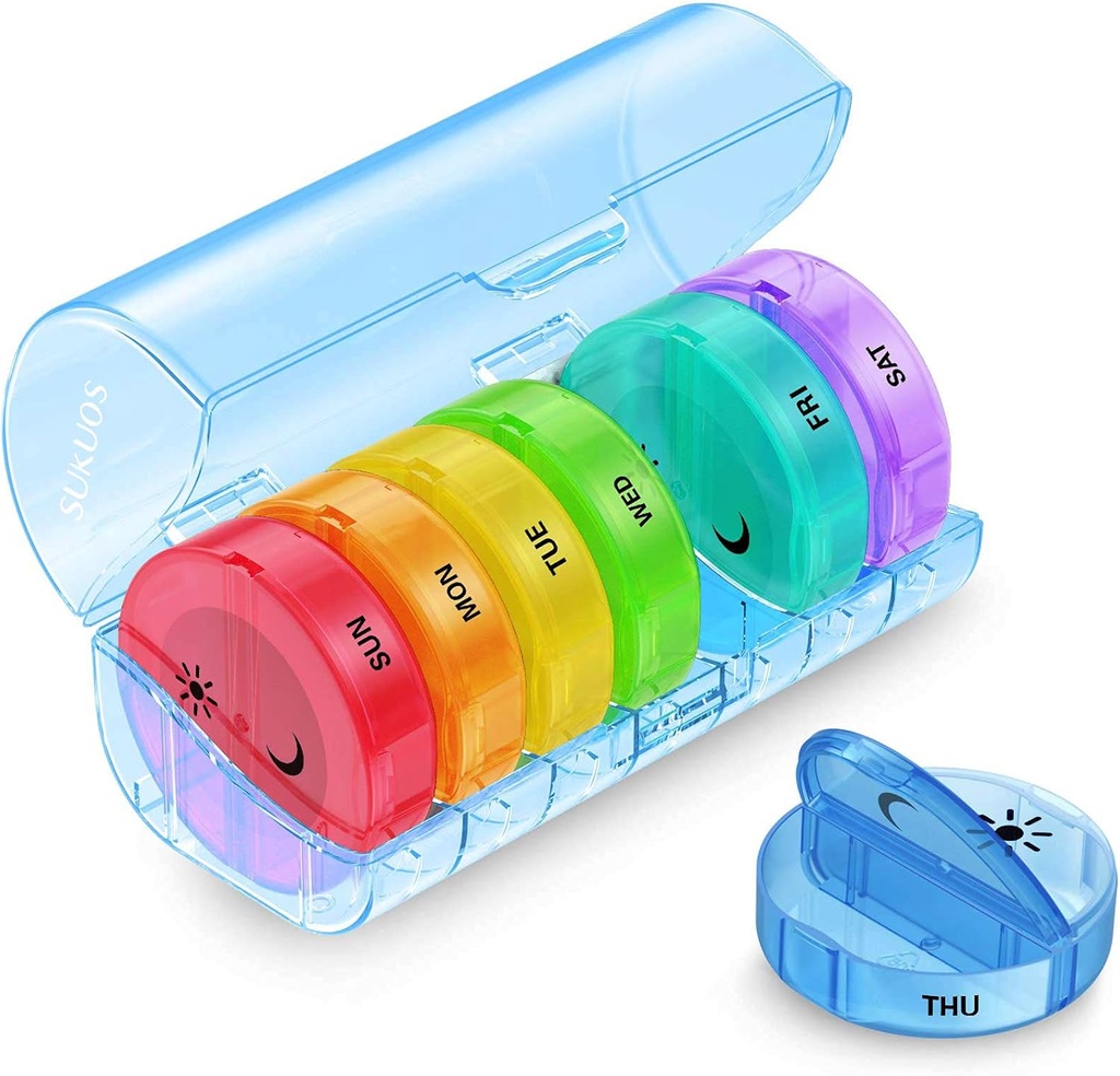 Sukuos Large Weekly Pill Organizer 2 volte al giorno, Daily Pill Box 7 giorni Facile da aprire con doppia protezione, AM PM Pill Case for Medicine/Vitamin/Fish Oil/Supplements (Blue)