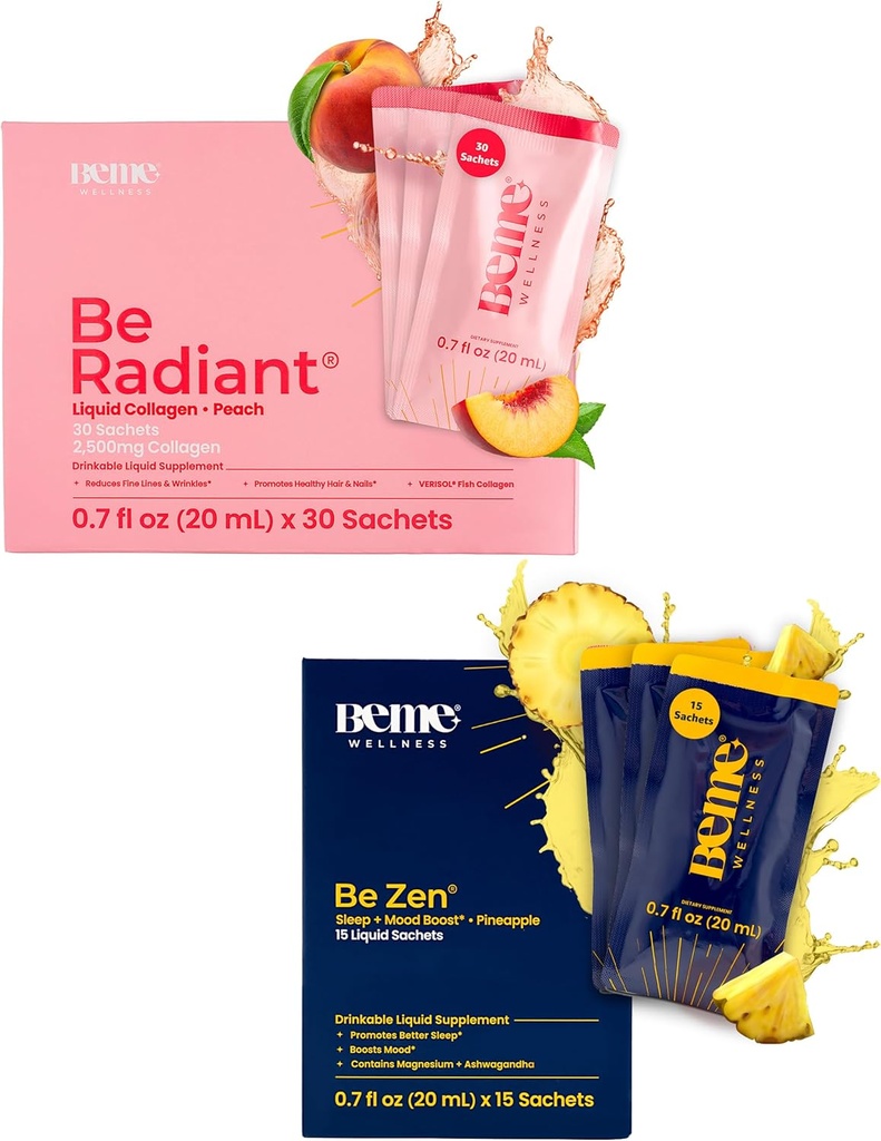BeMe BeRadiant Peach & BeZen Bundle - Liquid Collagen & Magnesium Glycinate L-teanina Integratori