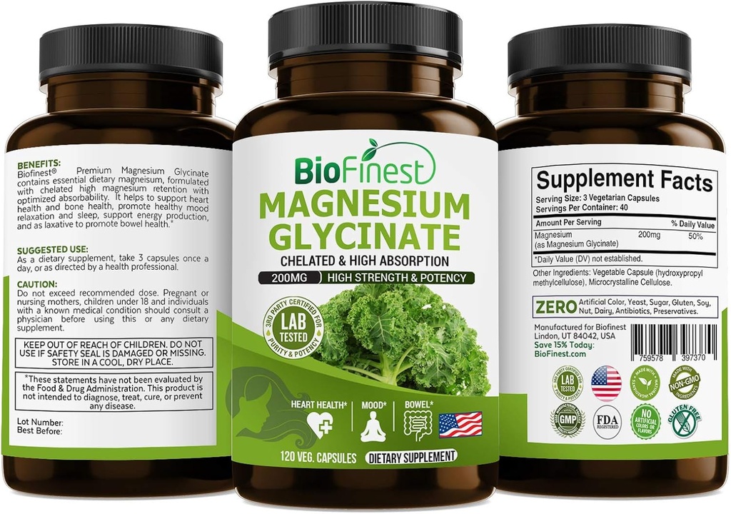 Biofinest Magnesio Chelato Glycinate 200mg Supplemento - Sano Cuore Bowel Movimento Immune Energia Metabolismo Dormire Mood - Made in USA (120 capsule)