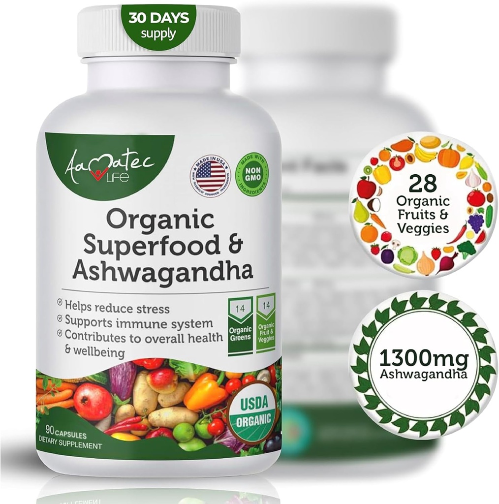 Organic Superfood Greens Fruits and Veggies Complex con Ashwagandha