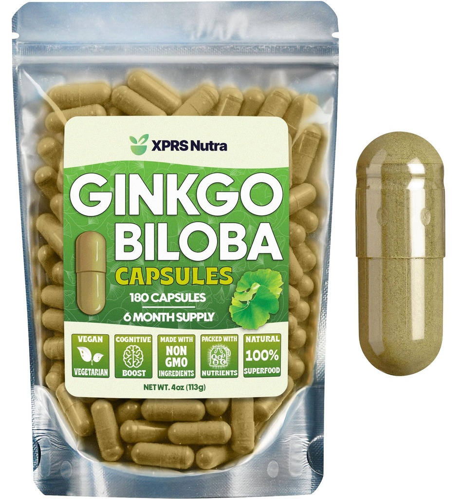 XPRS Nutra Ginkgo Biloba Capsules - Gingko Biloba Integratori Incapsulati per la Cognizione - Vegan Friendly Ginkoba Biloba - Immunity Boosting Ginkgo Biloba Capsules - 180 Count