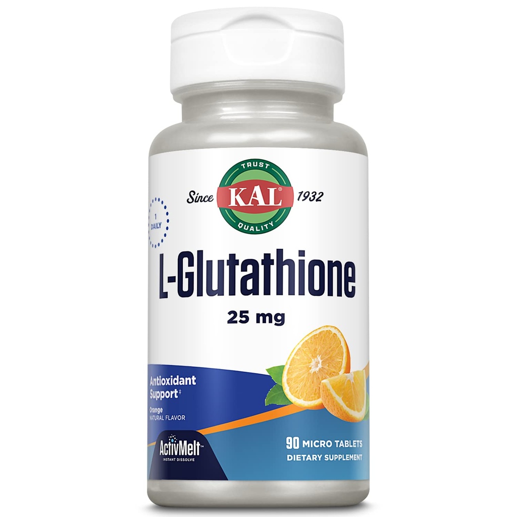 KAL L-Glutathione, Integratore Glutathione Ridotto, Antiossidante ad Alta Assorbimento, Attivatore di Dissolvere Immediato Aroma Arancio, Vegetariano, Lab verificato, 90 Serve, 90 Micro Tablet