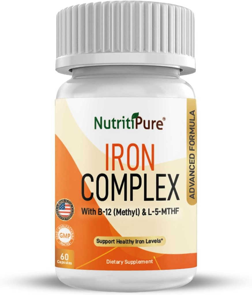 Complesso di ferro, completa costruzione del sangue di ferro da stiro capsule vegetariane con ferro di carbonio non costipante, Quatrefolic, B12, B6 & vitamina C, per le donne & uomini (60 caps)