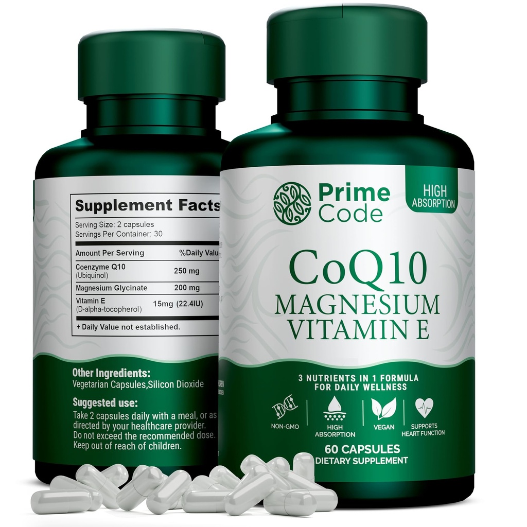 Prime Code [ 3 in 1] CoQ10 250mg con Magnesio Glycinate e Vitamina E | CoQ10 Capsule 250mg | Magnesio Glycinate 200mg | Vitamina E 15mg | Non OGM | Gluten & Soy Free | Vegan