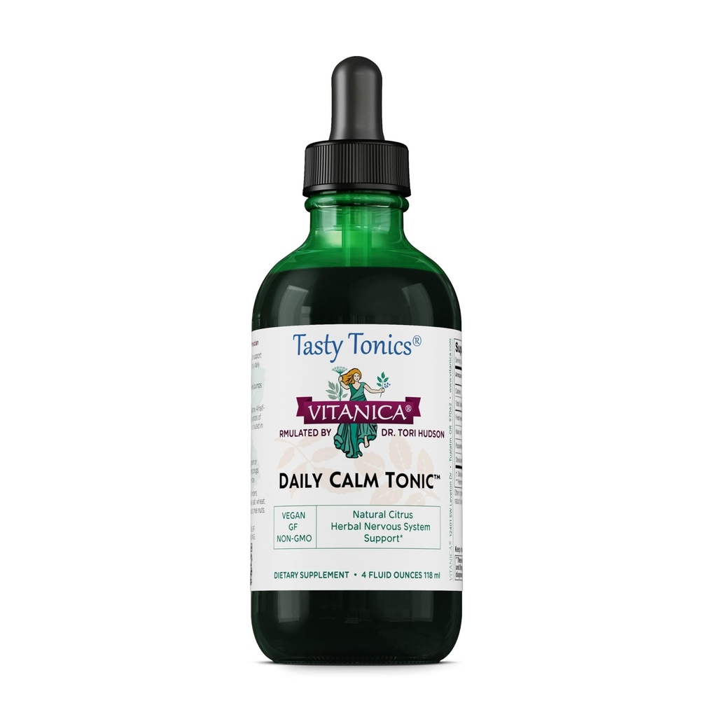 Vitanica Daily Calm Tonic, Natural Liquid Stress Relief Supplement, Dr. Formulated, Organic Lemon Balm, Kava Kava e Passion Flower, per Donne, Uomini & Adulti, Vegan, 4 Ounce (Daily Calm Tonic)