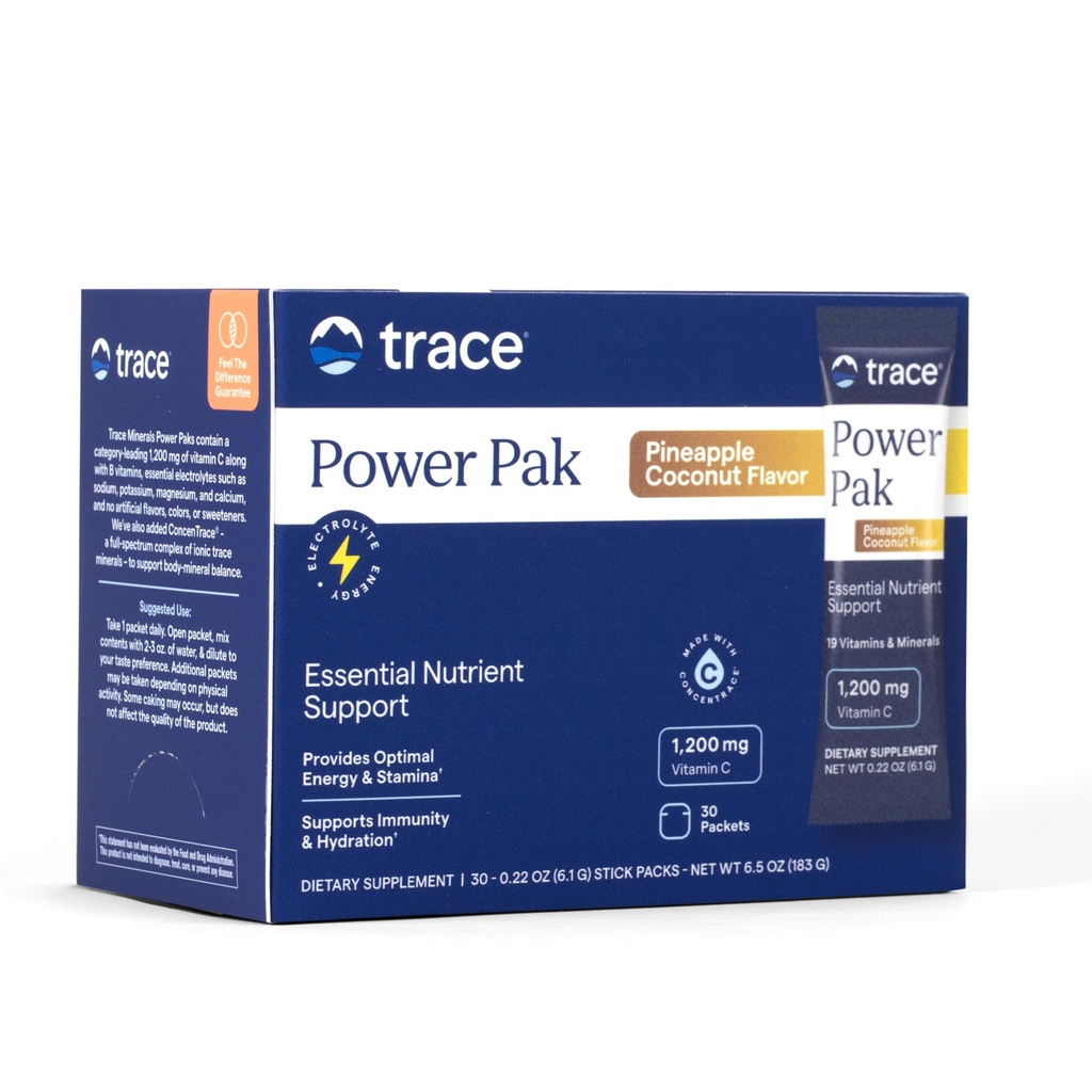 Trace Minerals Power Pak Multivitamin e Multimineral Packets - Electrolyte Support - 1200 mg Vitamin C Plus 70+ Trace Minerals - Ananas Coconut Flavor - 30 Packets
