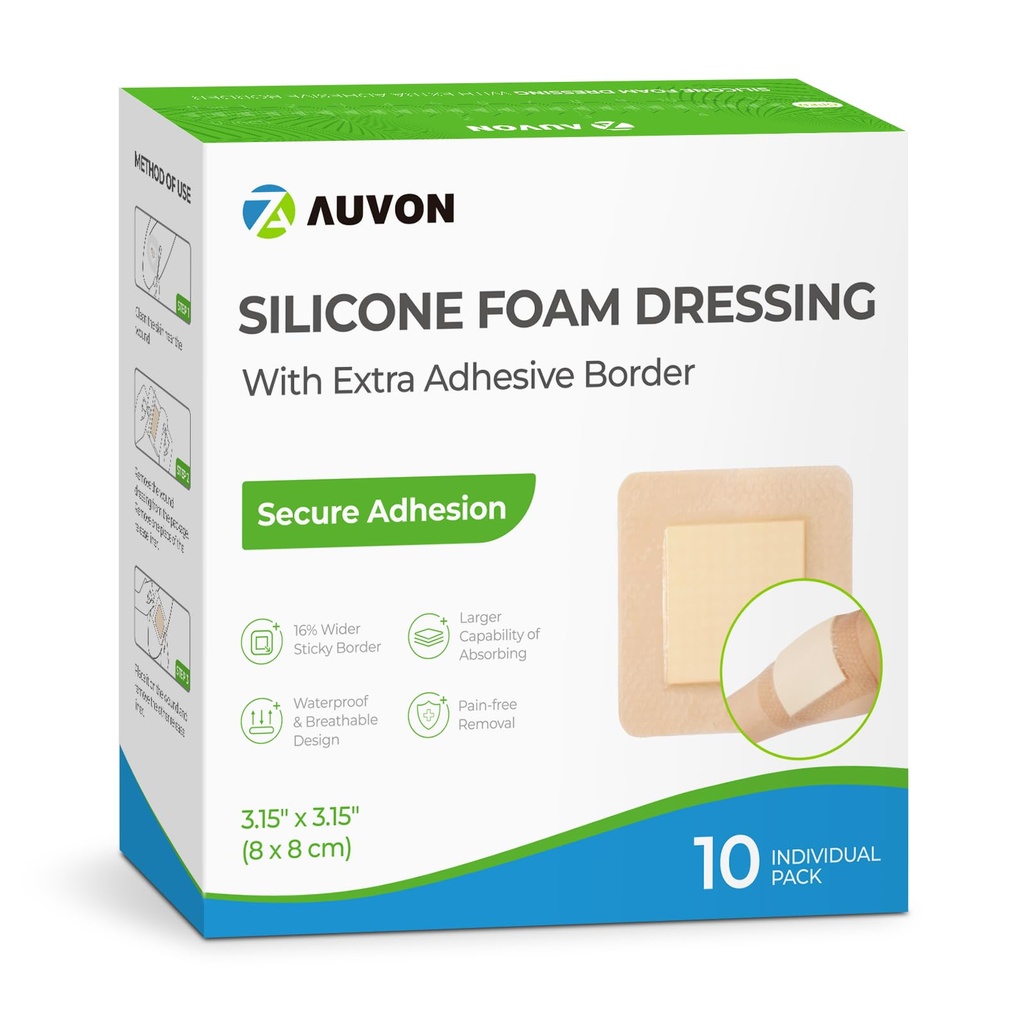 AUVON Silicone Foam Dressing con grande bordo adesivo, 3" x 3" 10 confezioni tessuto fasciatura con alta assorbenza, impermeabili Silicone Foam Pads for Wound Care & Protection Plus Cuscino