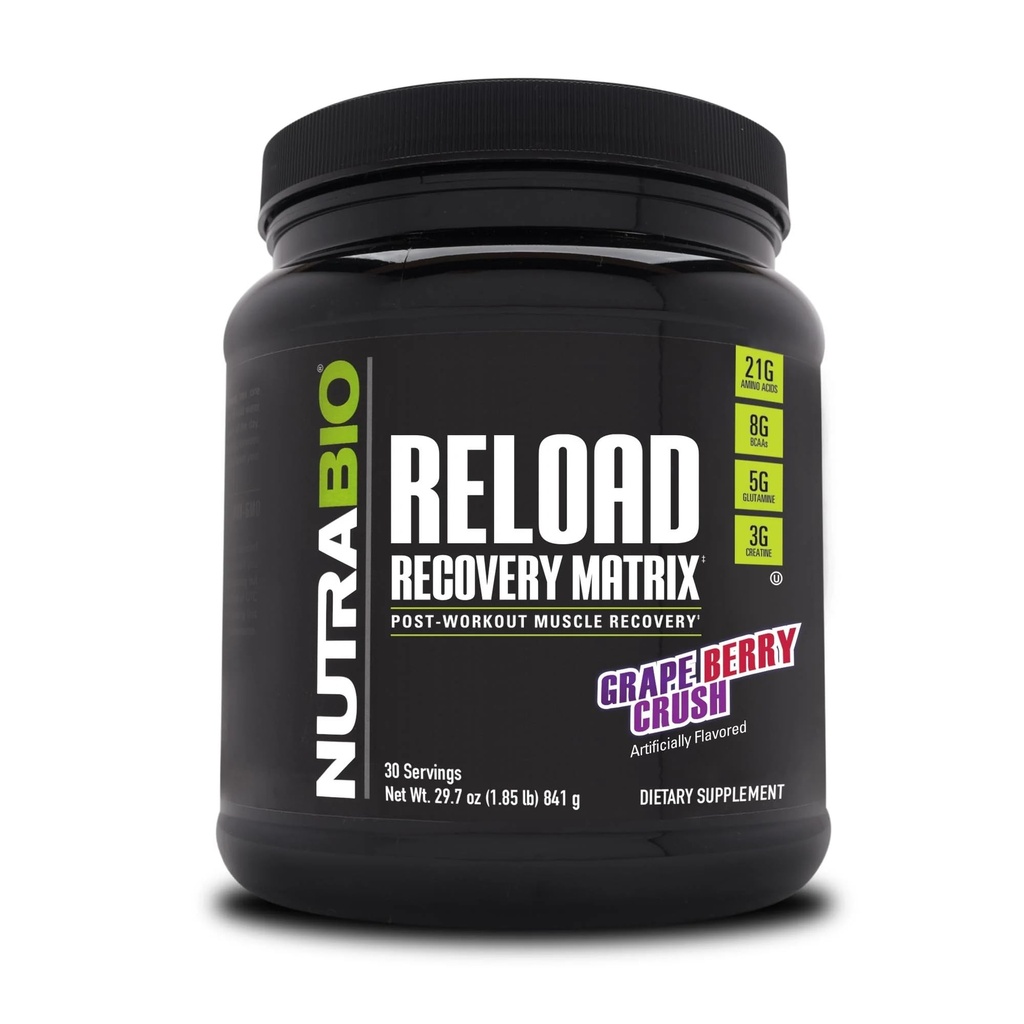 NutraBio Reload - Powerful Muscular Recovery Formula - Post-Workout Supplement - 3G Creatine - 8G BCAAs - 5G Glutamina - 30 Serve, Grape Berry Crush