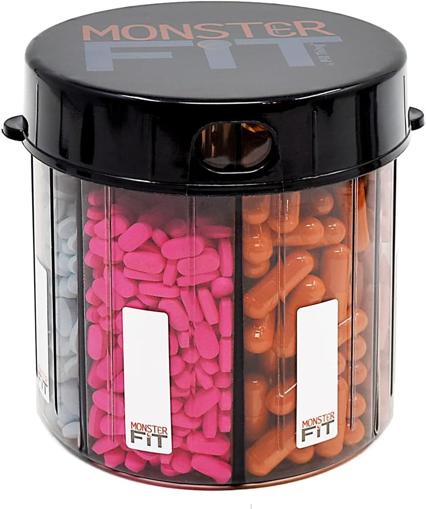 XL Supplemento Pill Dispenser Bottiglia, 7 Confronto, Etichette, Facile Aperto, Anti-Mixing, UV Protected Organizer, Extra Large Monthly Vitamin, Monster Fit Medication Holder Include Premium Medisafe App
