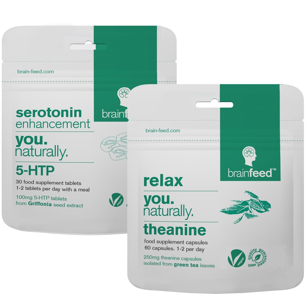 Integratori di serotonina & Natural l theanine | Supporto di mood di serotonina & Stress Supplementi di sollievo | 5HTP 100mg + 250mg L theanine Capsule | 2 mesi di alimentazione | Vegan