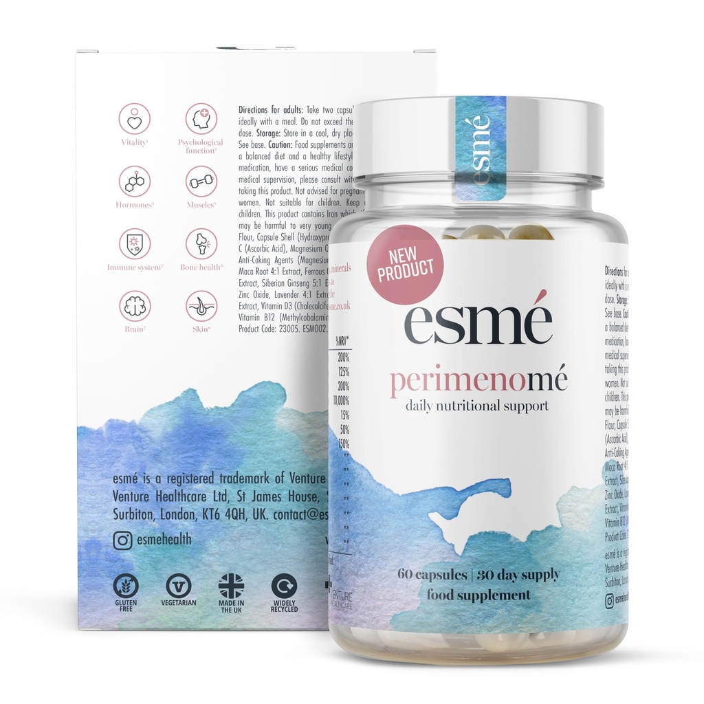 Esme Menopause Supplementi Perimenopause Supplementi 1 mese di fornitura - Supporto giornaliero per la fase iniziale di Menopause – 60 capsule - Include Ashwagandha, Vitamine e Clover rosso