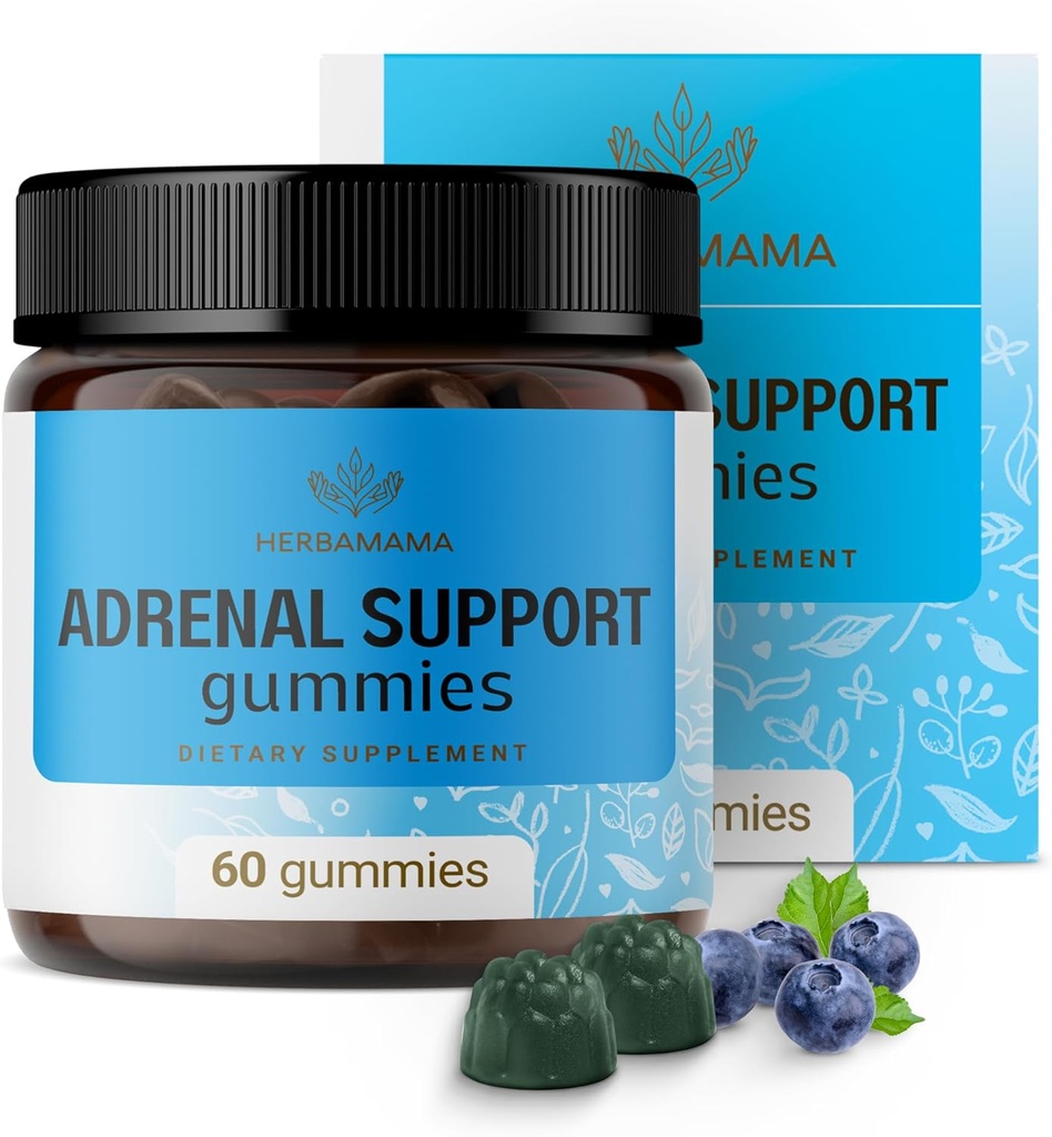 HERBAMAMA supporto surrenale Gummies - Pure Adrenal Complex Supplemento per le donne con radice di Ashwagandha, Rhodiola Rosea & Magnesium - Vegan, Non-GMO - 60 Pectin-Based Blueberry-Flavored Chews