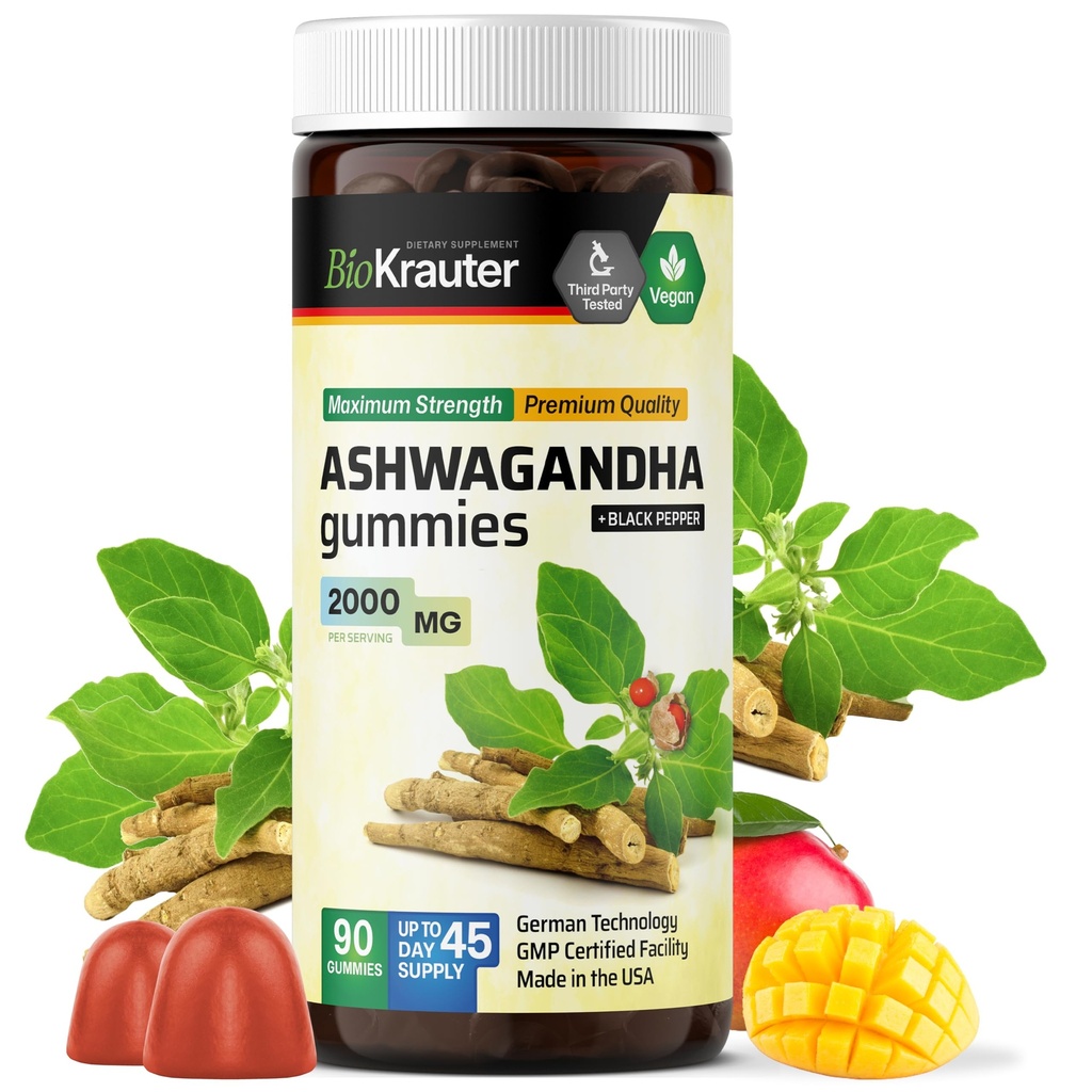 BIO KRAUTER Ashwagandha Gummies per le donne e gli uomini - 2000 mg di resistenza - 90 chews for Mood Support - Chewable Ashwagandha Supplements - Vegan - Mango Flavor
