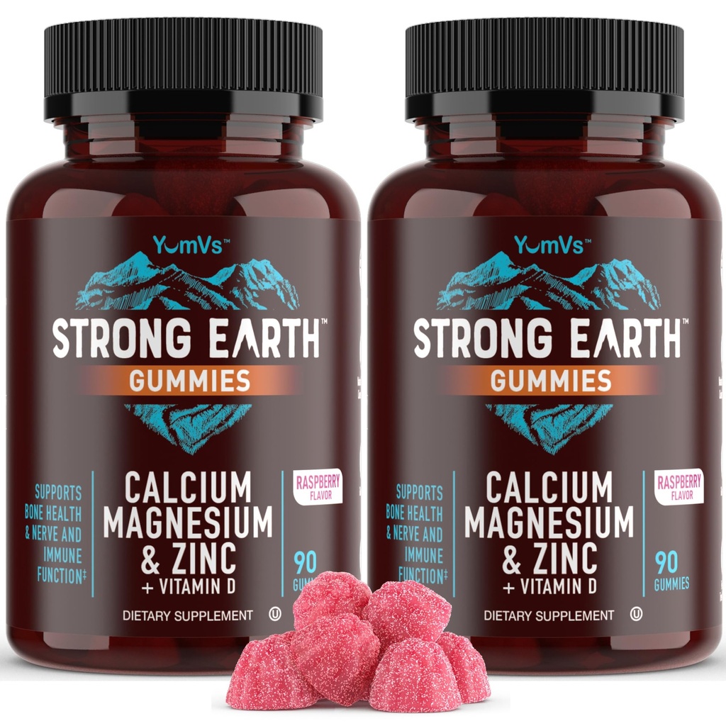 YUM-V'S Calcium, Magnesio, Zinc & Vitamina D Gummies, Cal Mag Chewable Supplement, Vegetariano Kosher Halal Natural Raspberry Gummies for Adults Women & Men - 90 Conte (Pack of 2)