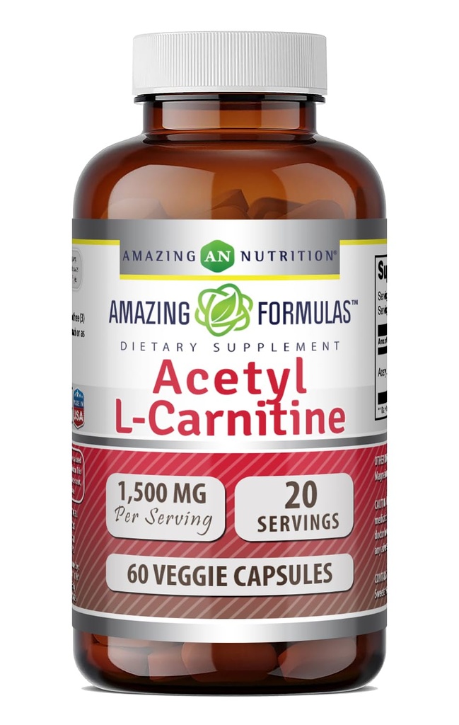 Incredibile Formulas Acetyl L-Carnitina Hcl Veggie Integratore alimentare - 500 Mg, Capsule vegetali (non OGM,Gluten Free) Per Bottiglia - promuove la produzione di energia e la funzione cognitiva (60 Conte)