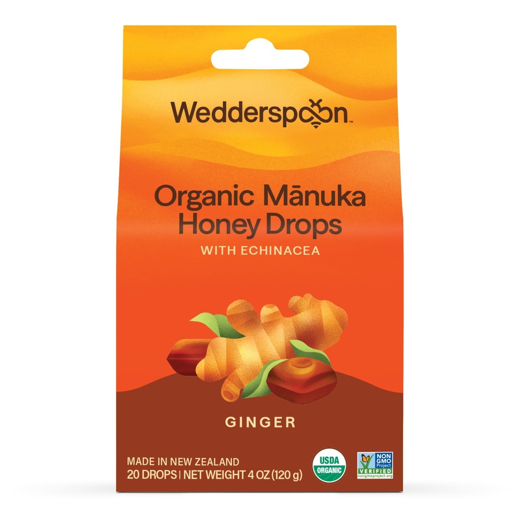 Wedderspoon Organic Manuka Gocce di miele, Ginger & Echinacea, 20 Conte (Pack of 1) | Genuine New Zealand Honey | Perfect Remedy for Dry Throats