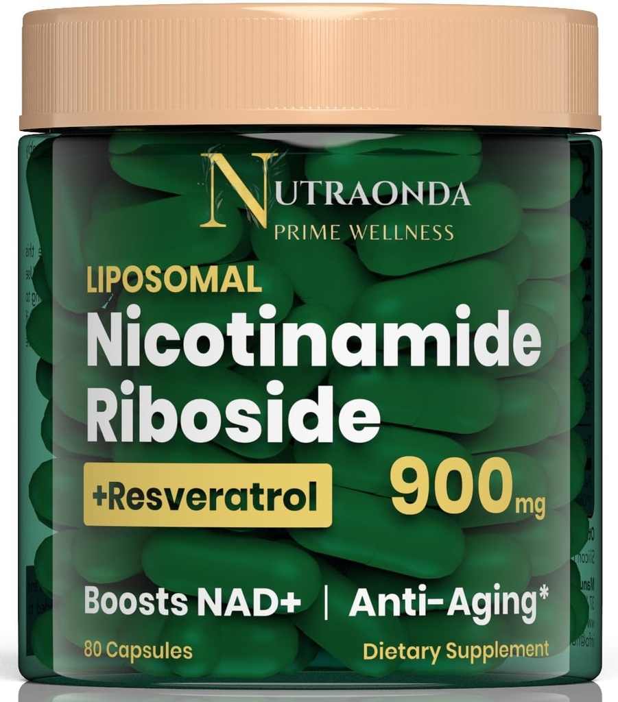 Liposomal Nicotinamide Riboside 900mg Resveratrolo & Quercetin – Supplemento NAD Plus per Anti Aging, Energia cellulare & Migliorare la salute- 80 capsule