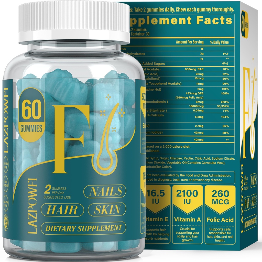 Biotin Gummies -Hair Skin and Nails Vitamins for Men & Women, Vegan Vitamin B7, Supporta la crescita dei capelli e unghie più forti, 30 Day Supply - Blueberry-60 Counts