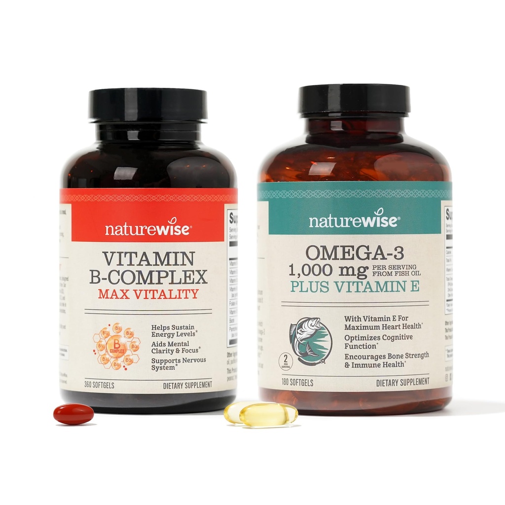 NatureWise Vitamina B Complex 360 Softgels & Omega 3 Fish Oil 180ct per l'energia, il cuore, il cervello, il supporto immunitario e la visione