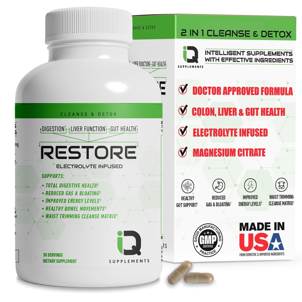 Ripristino 2 In 1 Pulitura del colon & Detox w/ Psyllium - Supporta Digestione, Debloating & costipazione Rilievo per le donne & uomini, Gut Detox Cleanse w/ Magnesium | Pulitore di colon elettrolito & Detox