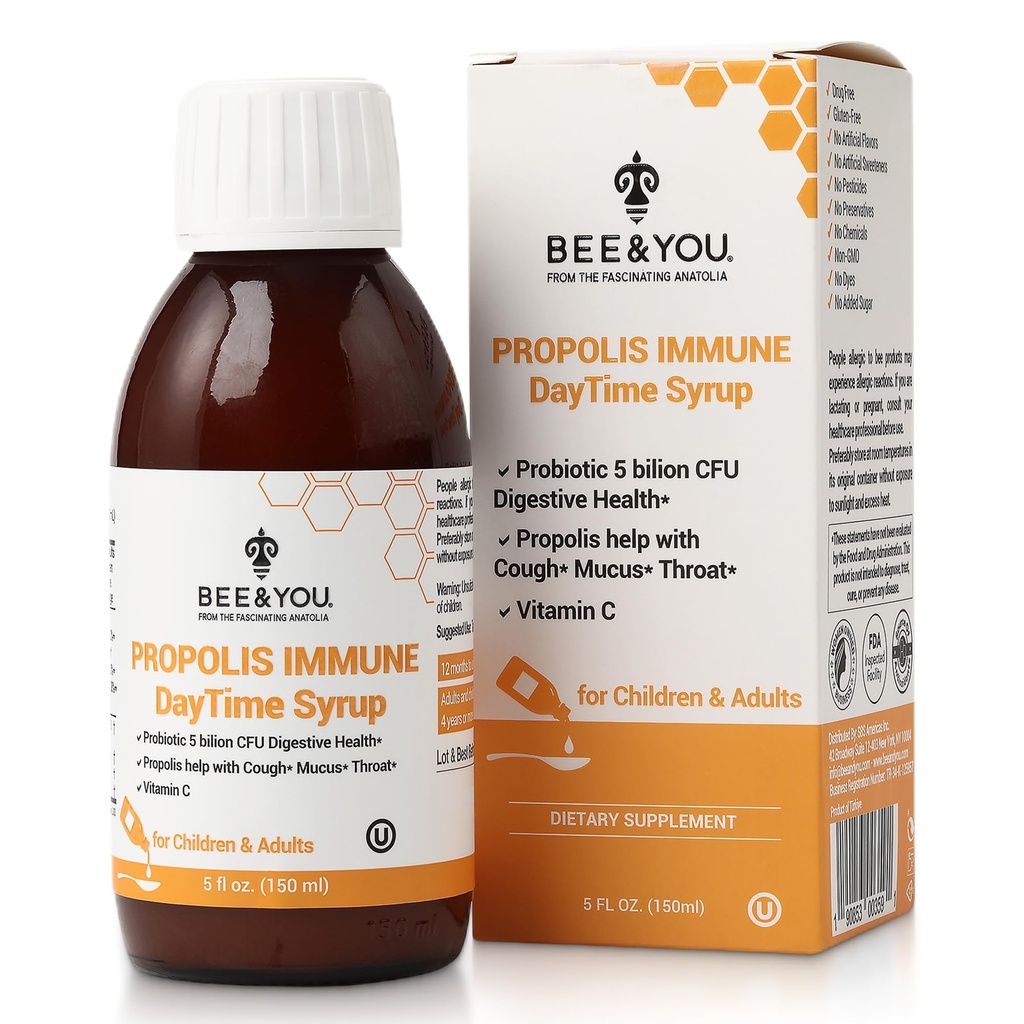 Bee and You Propolis Immune Day Syrup con Probiotic, Vitamina C, Supporto immunitario, Salute digestiva, Antiossidanti, Gut Health 5 Fl Oz