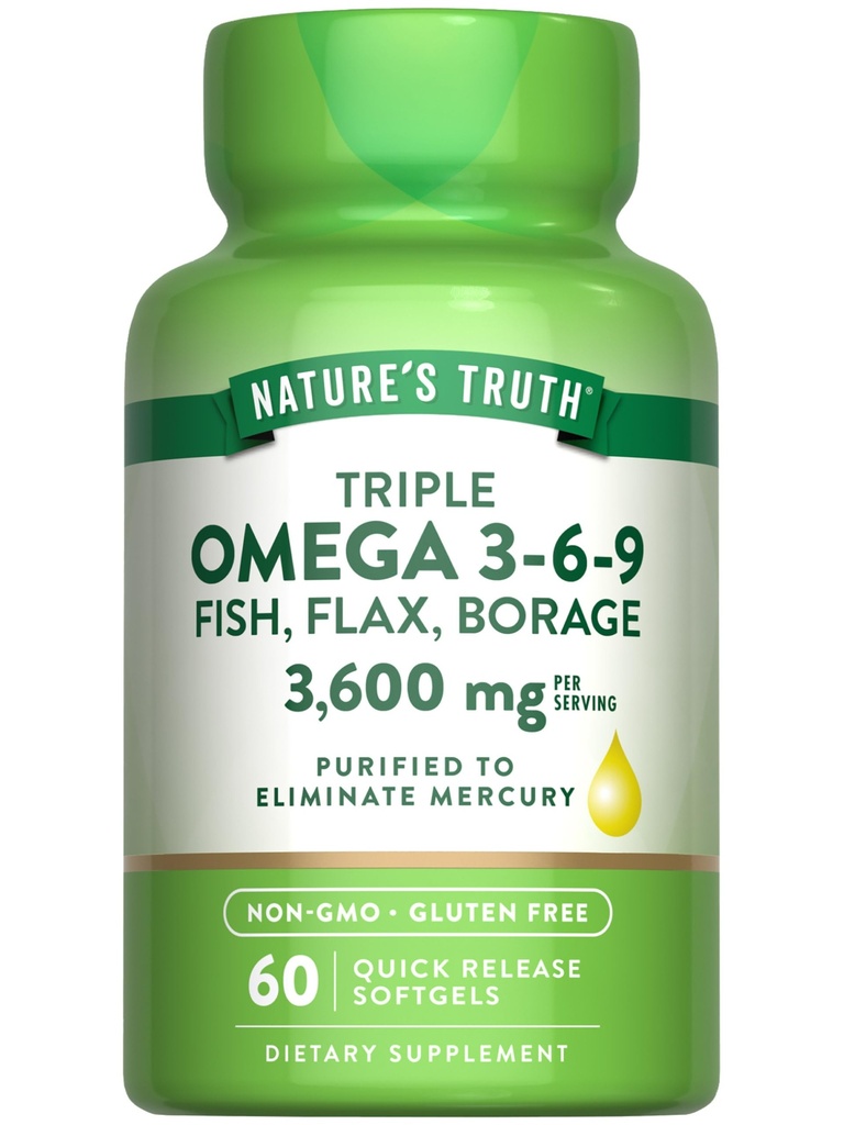 Verità della natura Triple Omega 3-6-9 Softgels | 3600mg | 60 Count | Pesce, Flax, Borage Oils | Non-OGM & Gluten