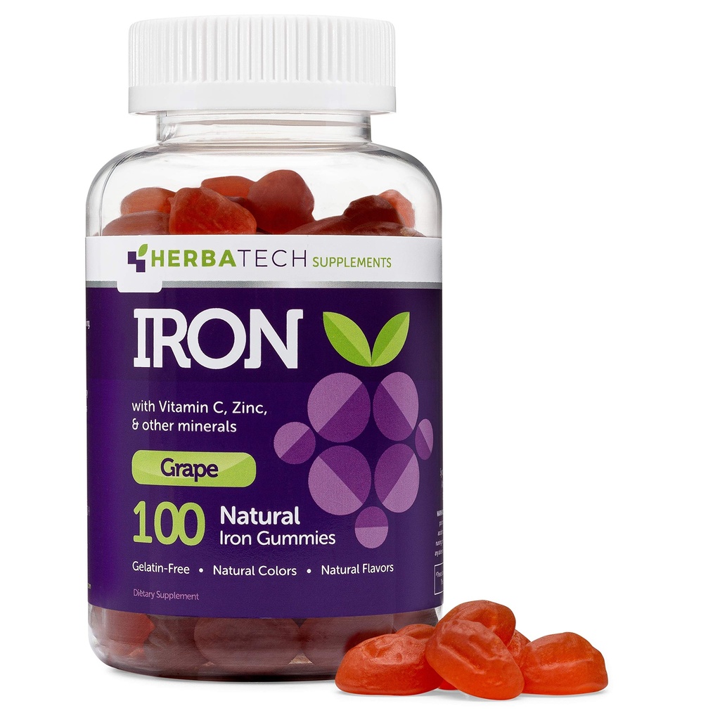 Gummie di Ferro per Adulti e Bambini, Integratore Multivitaminico Masticabile con Ferro, Vitamina C, A, B, Zinco, Acido Folico e Biotina (Grape Aromaed) Vegan Safe, Made in USA da HERBATECH