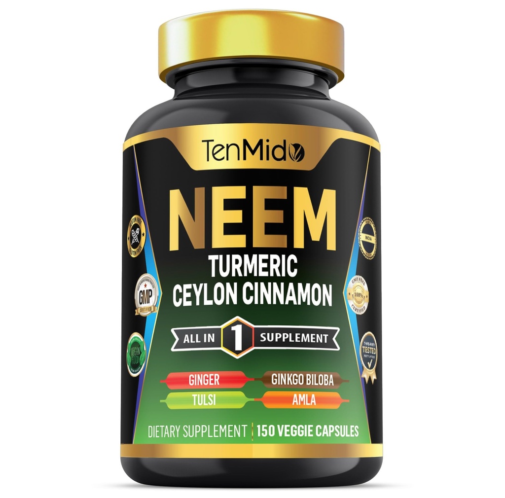Neem Leaf Supplement - Formula 8in1 - Combina con Turmeric, Ceylon Cinnamon, Ginger, Tulsi, Ginkgo Biloba, Amla e Pepe Nero - Supporto per la Salute Immune - 150 Capsule Vegan