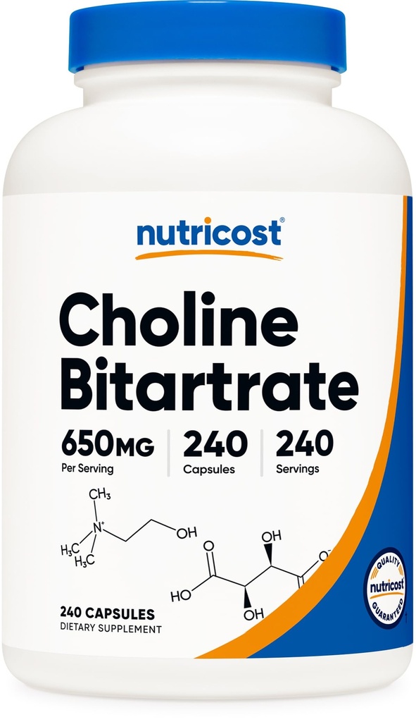 Nutricost Choline Bitartrate 650mg, 240 Capsule Vegetariani - Non OGM, Per vegetariani, Senza glutine