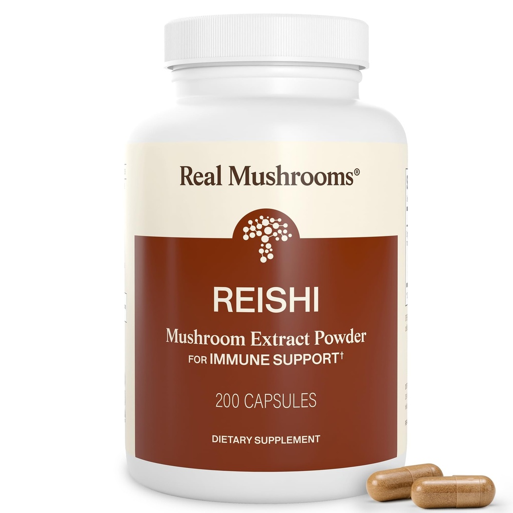 Real Mushrooms Reishi Funghetti Capsule - Estratti di Fungo Biologico Handpicked - Red Reishi per il Tranquil Daily Wellness con Verified Beta Glucans Vegan, Non-GMO, No Grain Fillers, 200 ct
