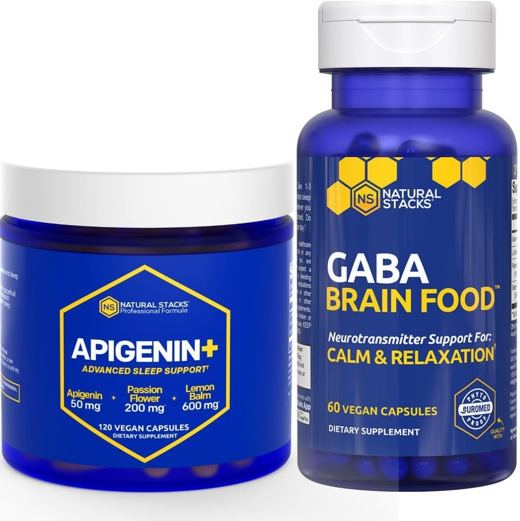 NATURAL STACKS GABA Brain Food + Apigenin Supplemento per Sonno Bundle - Supporta Rilassamento e Sonno* - 180 Capsule Totali
