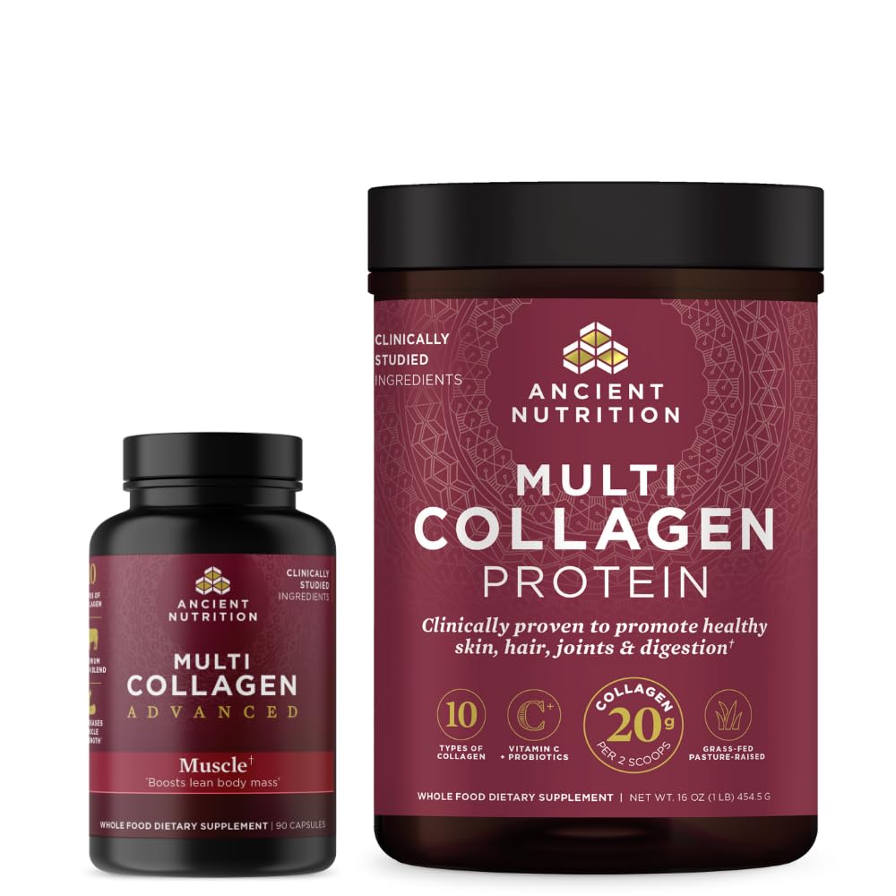 Antica nutrizione multi collagene capsule avanzate, muscolo, 90 conte + polvere proteica multi collagene, non aromatizzata, 45 porzioni