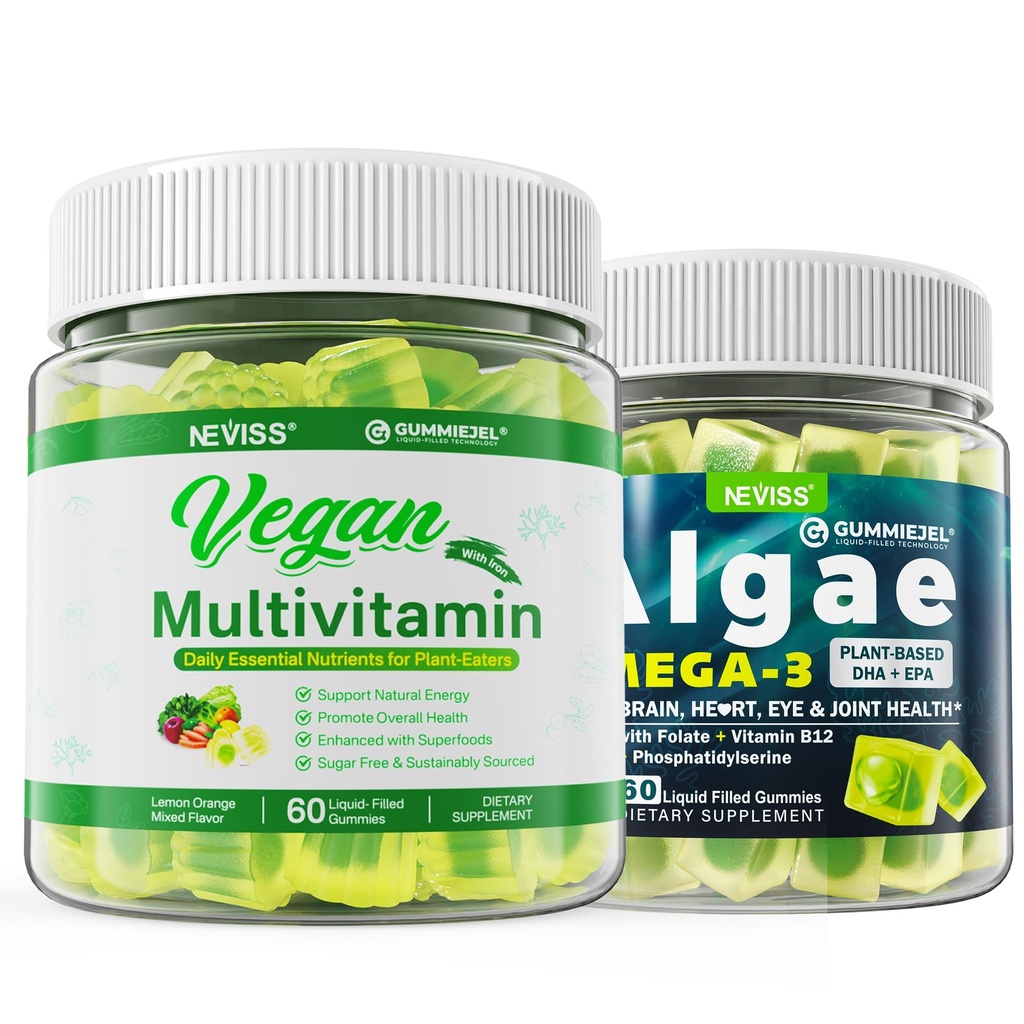 Vegan Omega 3 Gummies 1000mg con Vegan Multivitaminico per Donne Uomini con Ferro, Vitamina B12, A, D3, K2, Algae Omega 3, Magnesio, Zinco