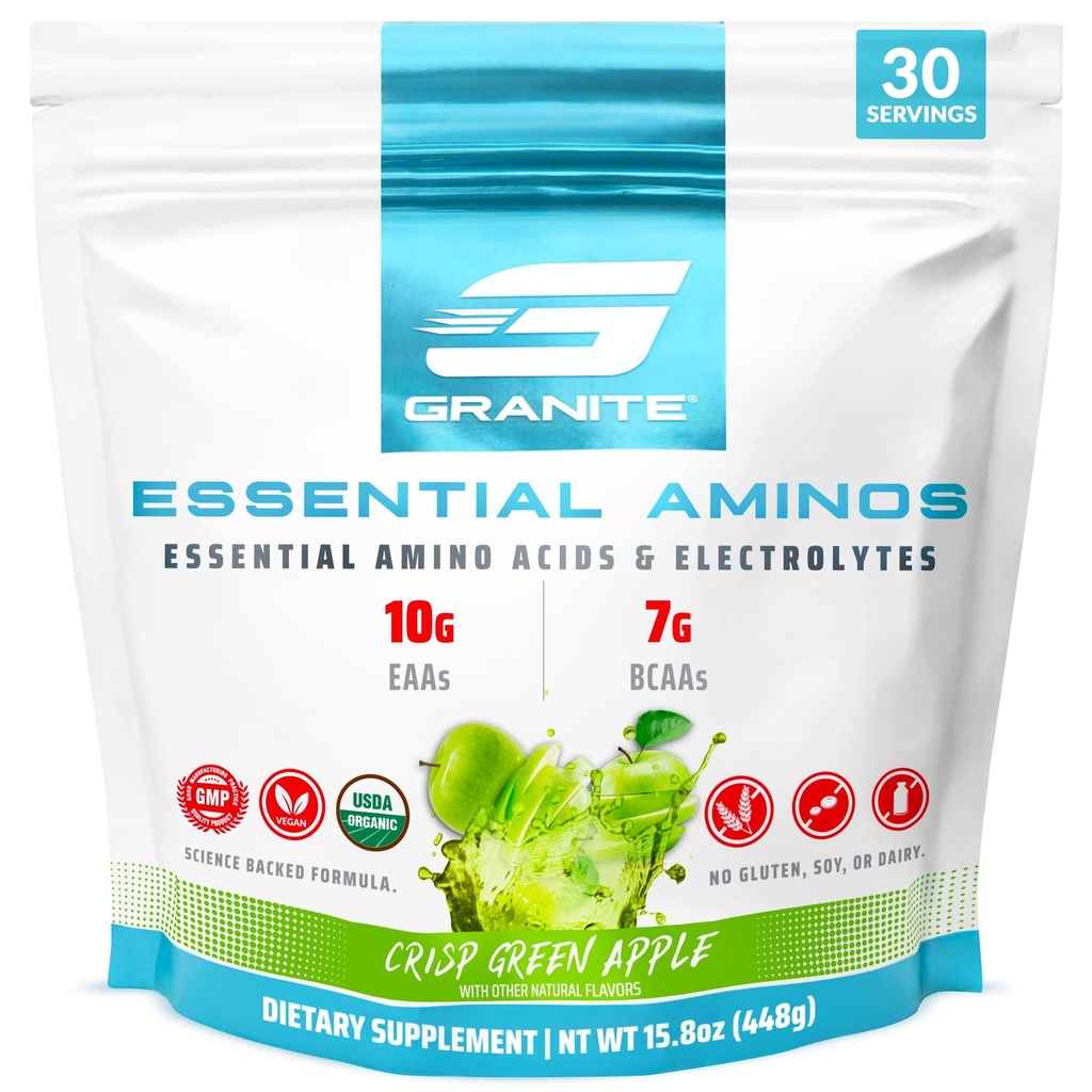 Polvere di aminoacidi essenziali granito, aroma di mela verde, con 10g EAA e 7g BCAA, supporta il recupero del muscolo e la crescita, senza soia, senza glutine (30 porzioni)