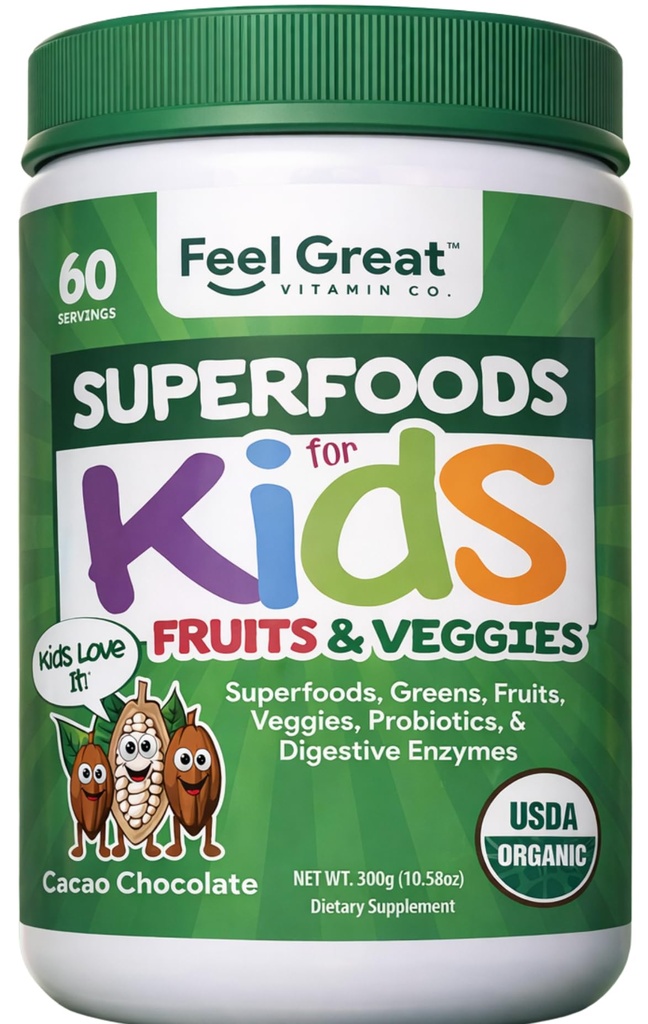 Sensi Grande Polvere Super Greens Organic USDA per Bambini - Cocao Chocolate | Fruit & Veggie Supplemento | Polvere Superfood con Probiotici e enzimi digestivi per la salute digestiva | 60 giorni di alimentazione