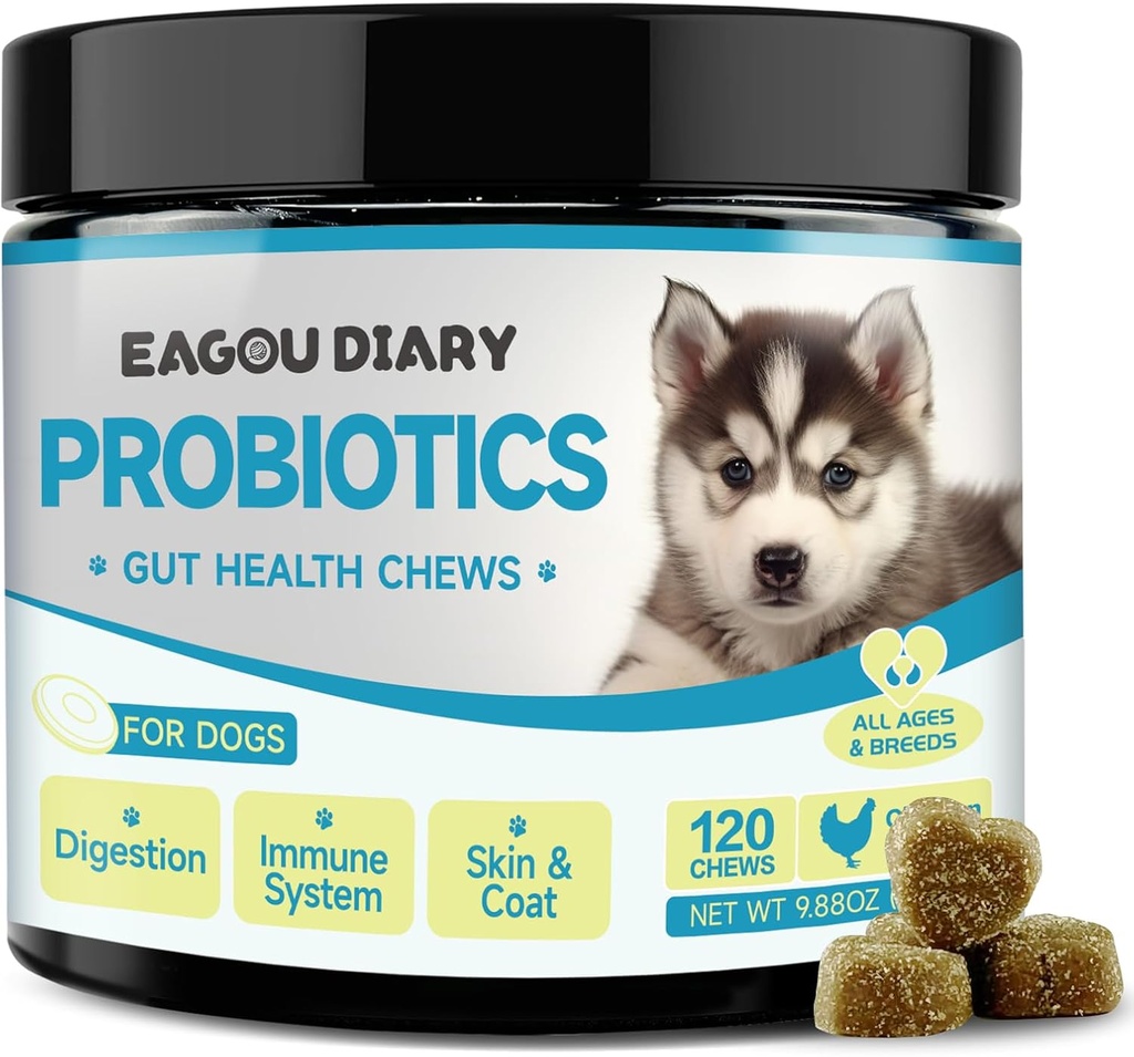 Probiotici diario di Eagou per cani - Probiotici per la salute digestiva, Integratori di salute del fegato con prebiotici, Latte di capra, Omega 3, Vitamine, Chews for Canine Diarrhea, Stomach, Rilievo di gas - 120 Ct