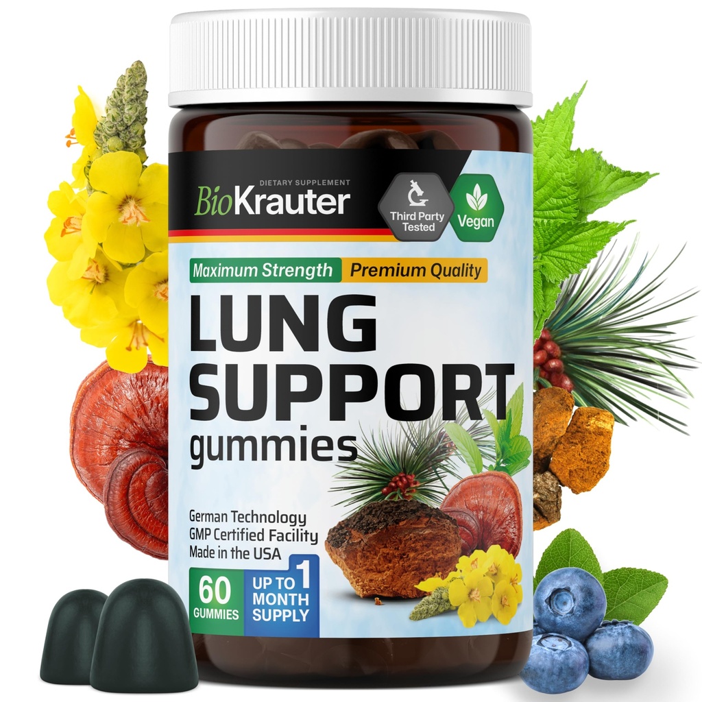 BIO KRAUTER Lung Detox Gummies - 60 Vegan Chews - Lung Cleanse Supplement w/Vitamin C & Mullein Leaf Blend - Supporto respiratorio