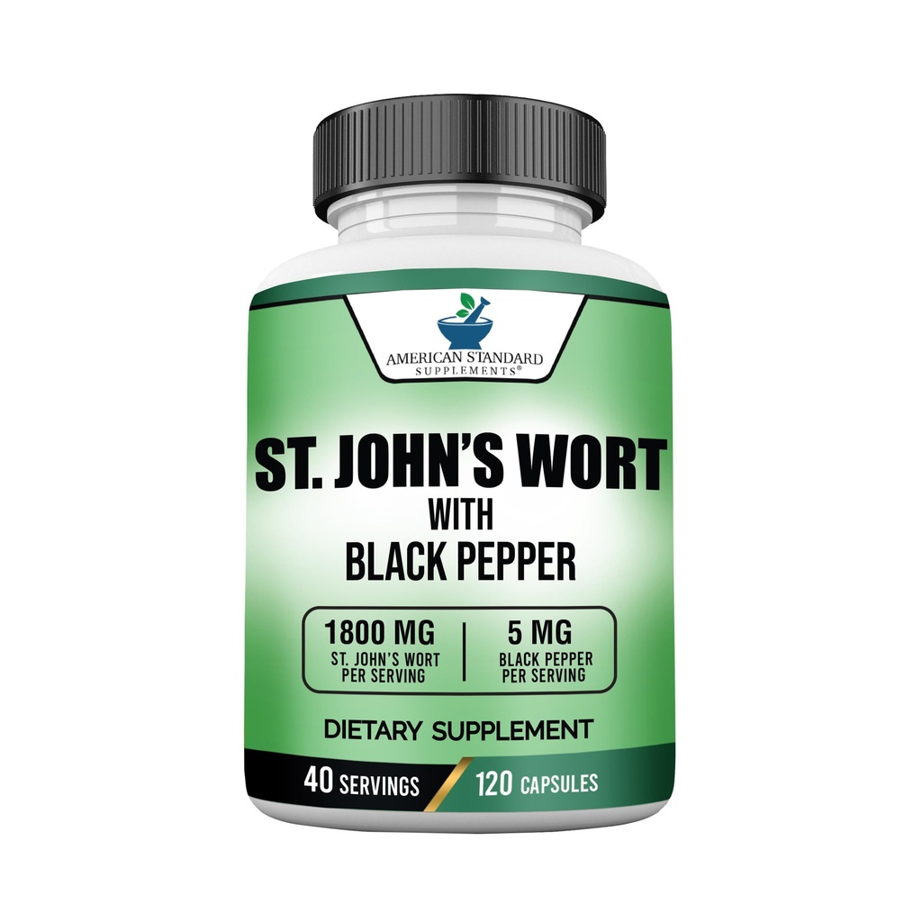 Supplementi standard americani St. John’s Wort 1800mg Per servire con estratto di frutta di pepe nero - Vegan, senza glutine, non OGM, 120 capsule, 40 porzioni