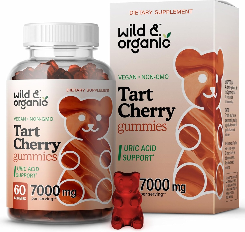 Wild & Organic Tart Cherry Gummies 7000 mg - Tart Cherry Extract Supplement per Uric Level Support - 60 Vegan, Non OGM Chews