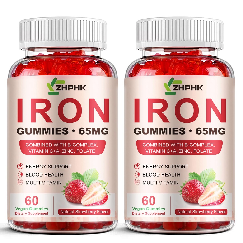 Cummie di supplemento di ferro per le donne, gli uomini e i bambini, 65 mg di ferro & 250 mg di vitamina C per porzione - Sano sangue, energia e supporto immunitario Iron Vitamin Gummy con Folate, 2 Pack