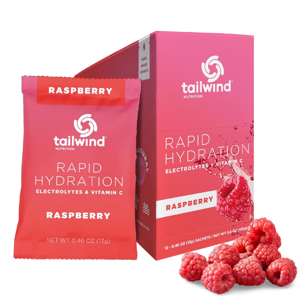 Tailwind Nutrition Rapid Hydration, Electrolyte & Hydration Powder, Vitamina C & Sea Salt Exercise Workout Mix, Raspberry, Confezione da 12 Stick