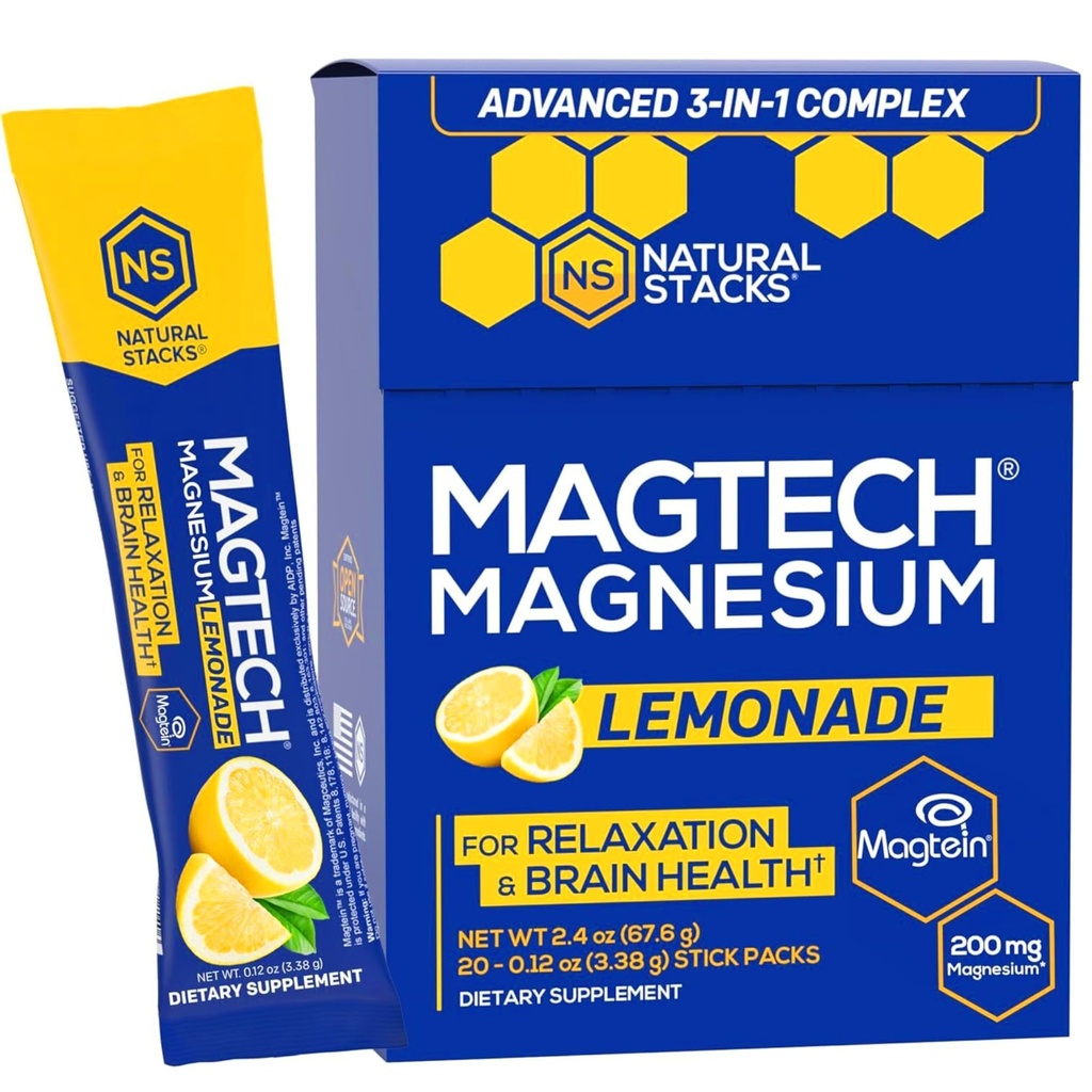 MagTech Magnesium Drink Mix - Sugar Free Lemonade - 3 Forme di Magnesio: Magtein L-Threonate, Glycinate & Taurate - 200mg Chelated Magnesium Complex - Supports Relax & Brain Health - 20 Servings
