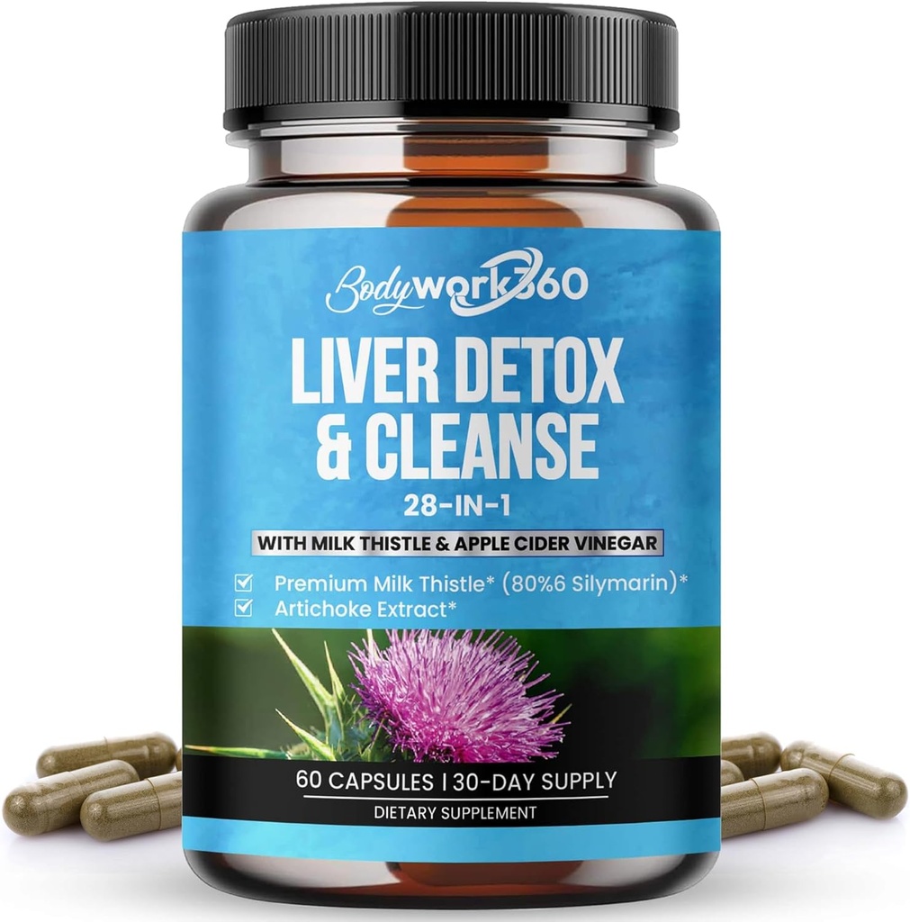 Detox & Cleanse - 28-in-1 Liver Repair & Support Supplemento per Men & Women with Milk Thistle, Aceto di sidro di mele, Estratto di radice di dente di leone & estratto di carciofo - Non-GMO, 60 capsule