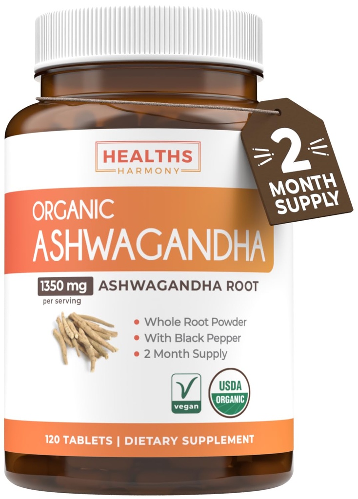 USDA Organic Ashwagandha Supplemento - Pillole Ashwagandha ad alta potenza fatte con pepe nero organico per l'assorbimento potenziato - Vegan Non-OGM Made in USA & Lab verificato (2 mesi di alimentazione)