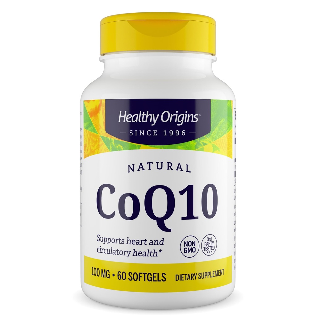 Healthy Origins® CoQ10 100 mg – Natural Trans-Isomer Ubiquinone – lievito fermentato, supporta la salute del cuore e l'energia cellulare – Non-GMO 60 Softgels